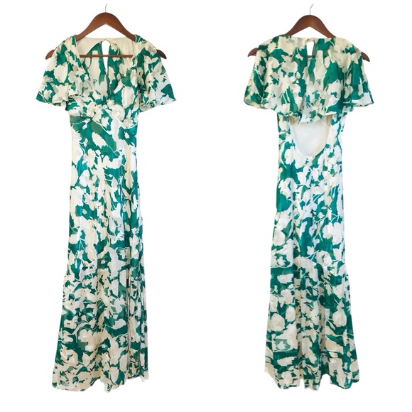 New ASTR Floral Velvet Burnout Midi Dress XS Green Ivory Open Back Thigh Slit - Picture 2 of 13